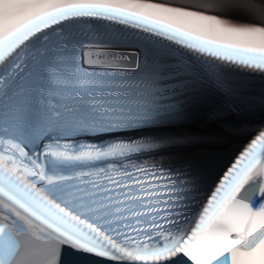 Prada Re-Edition 2005 Embroidered Drill Shoulder Bag wPouch Blue White Crossbody - Picture 5 of 16